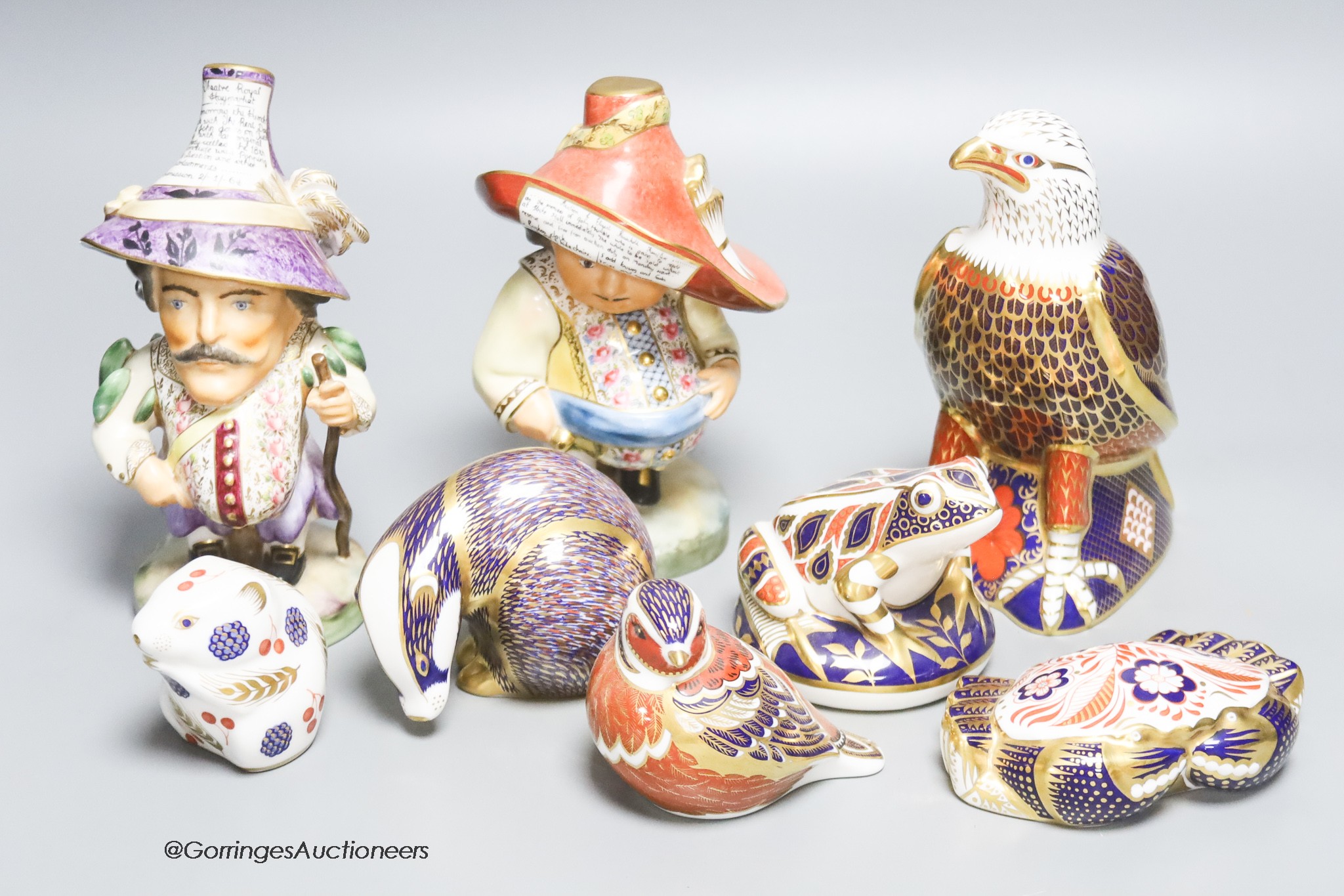 A Group of Royal Crown Derby animal and bird ceramic paperweights and two Mansion House dwarf figures, 3 boxed (8)